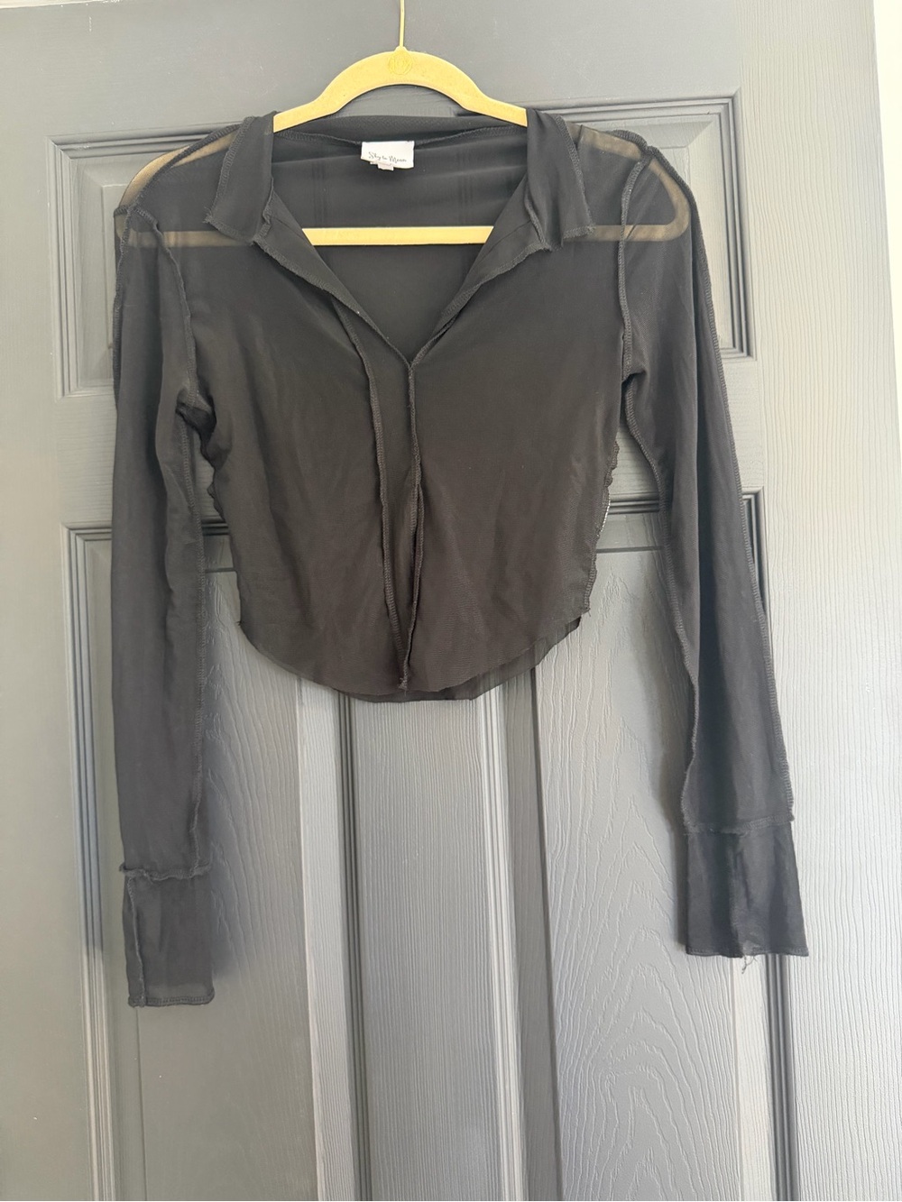 Sky to Moon Black Sheer-Trim Long-Sleeve Cropped Mesh Top